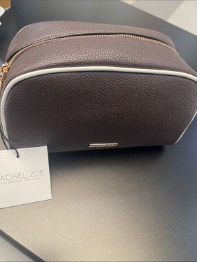 Rachel Zoe Brown Leather Toiletry Bag with Cream Trim